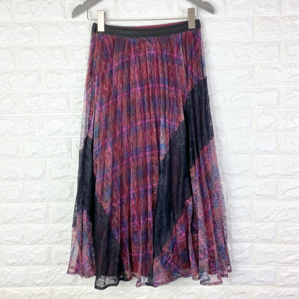 Anthropologie Pleated Midi Skirt in Magenta, Purple & Black